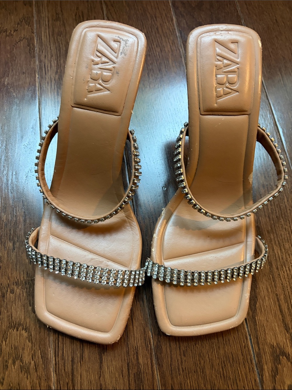ZARA Beige Crystal-Strap Square Toe Heels